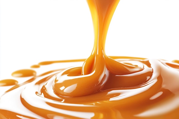 Photo closeup of pouring caramel rich and glossy liquid texture