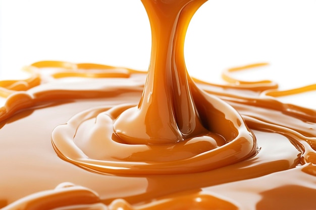 Photo closeup of pouring caramel rich and glossy liquid texture