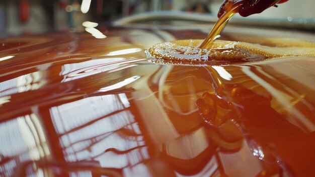 Photo closeup of pouring honey syrup onto a reflective surface with blurred background perfect for food texture and cookingrelated themes