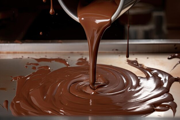 Closeup of the pouring process with the chocolate flowing in a continuous stream