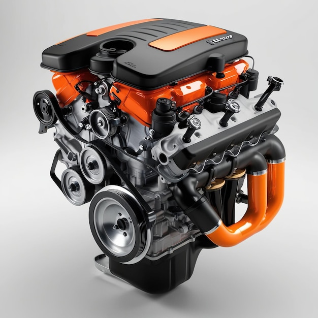 Closeup of a powerful car engine with orange accents featuring a black and silver design with intricate details