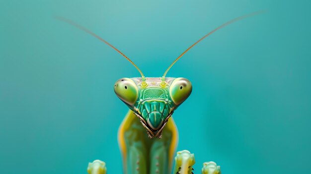 Photo a closeup of a praying mantis with big eyes staring at the camera on a blue background