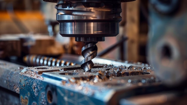 Photo closeup of a precision drilling machine operating on a metal workpiece capturing intricate details and metal shavings in an industrial setting