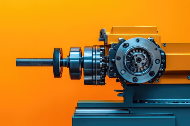 Photo closeup of a precision lathe with a threaded rod against an orange background