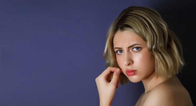 Closeup pretty portrait an angry discontented young woman with finger on lips