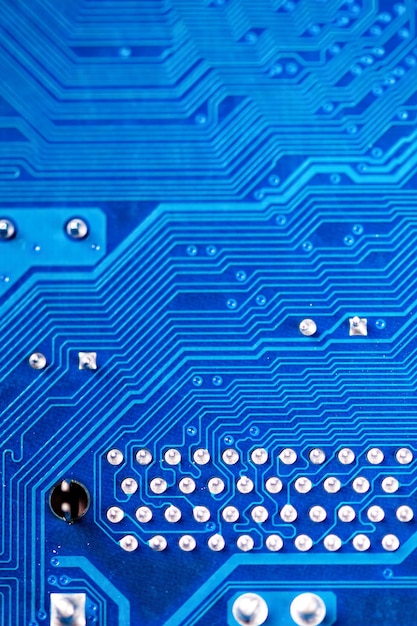 Closeup of a printed blue computer circuit board