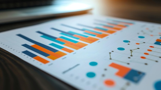 Photo closeup of printed data charts including bar graphs line graphs and pie charts representing statistical analysis or business report findings