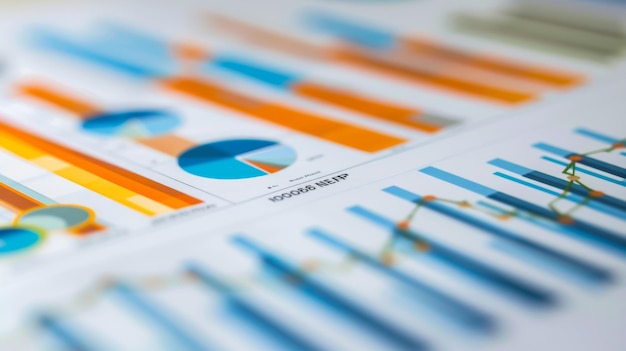 Photo closeup of printed data charts including bar graphs line graphs and pie charts representing statistical analysis or business report findings