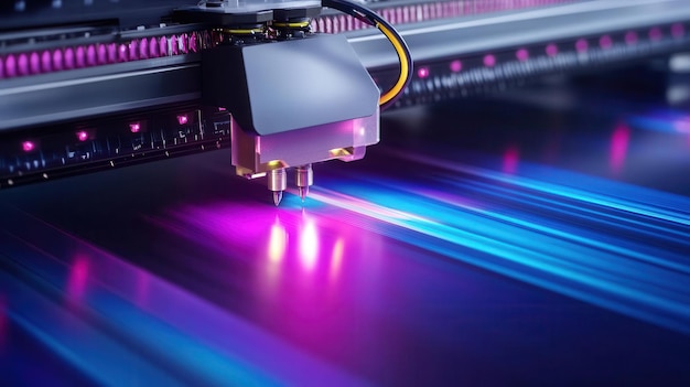 Closeup of a printing machine nozzle spraying ink onto a surface Blue and purple light streaks