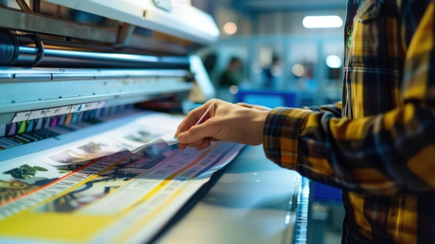 Photo closeup of a printing press operator inspecting a large format printed sheet