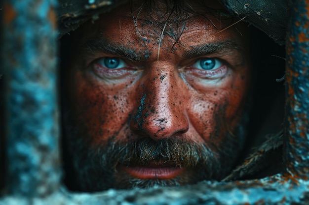 closeup of a prisoner behind bars in jail