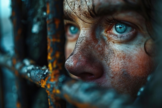 closeup of a prisoner behind bars in jail