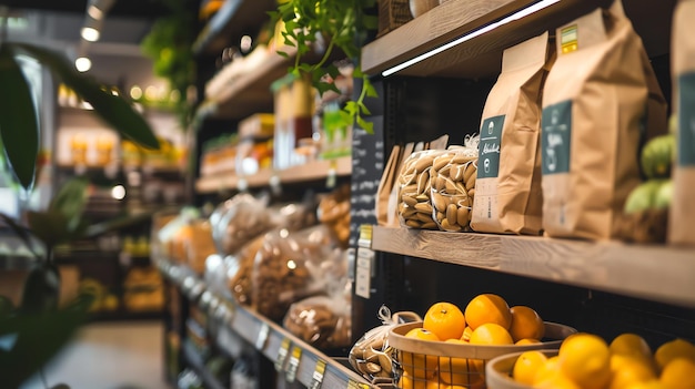 Closeup of produce shelves in a modern grocery store