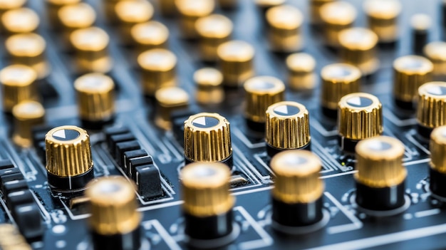 Photo closeup of professional audio mixing console with golden knobs