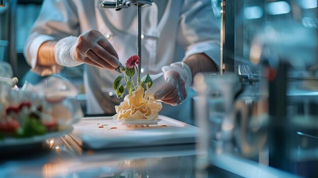 Photo closeup of a professional chef using a stateoftheart 3d food printer to craft intricatevisually stunning edible designs in a futuristichightech kitchen setting