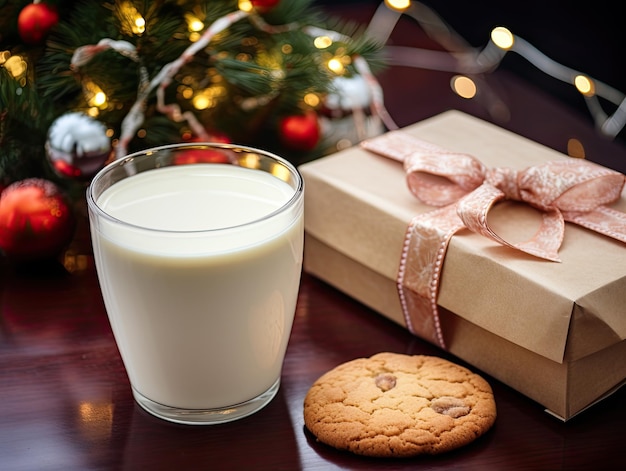 Closeup professional color grading photography of christmas cookies glass of milk and gift boxes