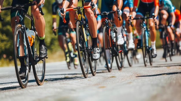 Photo closeup of professional cyclists in racing gear on an open road cycling route