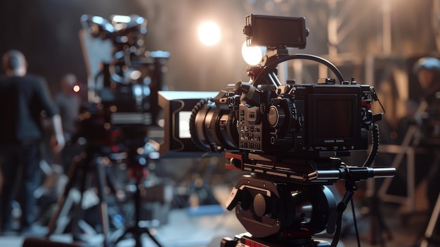 Closeup of a professional film camera trained on a scene within a vibrant studio capturing dynamic lighting and actions