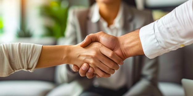 Closeup of a professional handshake during a business meeting with a blurred background