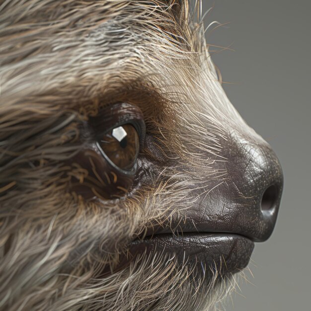 Photo closeup profile of a sloths face showing its eye fur and nose