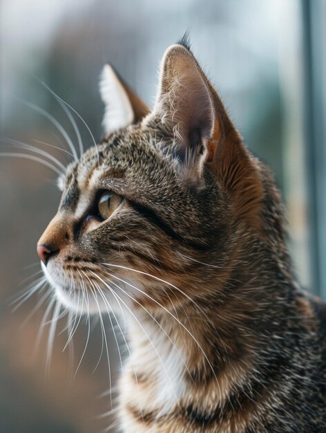 CloseUp Profile of a Tabby Cat Gazing Out the Window