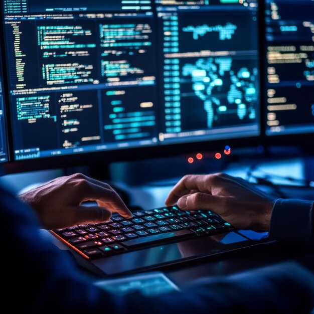 Closeup of programmer39s hands typing on a keyboard with multiple monitors displaying code and a world map