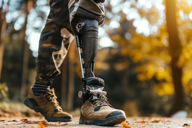 Closeup of prosthetic leg in outdoor setting at sunset