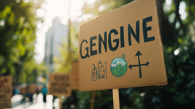 Photo closeup of protest signs at an environmental rally featuring powerful slogans and images promoting sustainability and conservation