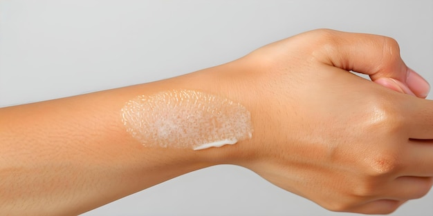 Closeup of psoriasis treatment ointment applied to the skin on the elbow area Concept Skin Conditions Psoriasis Treatment Dermatology Care