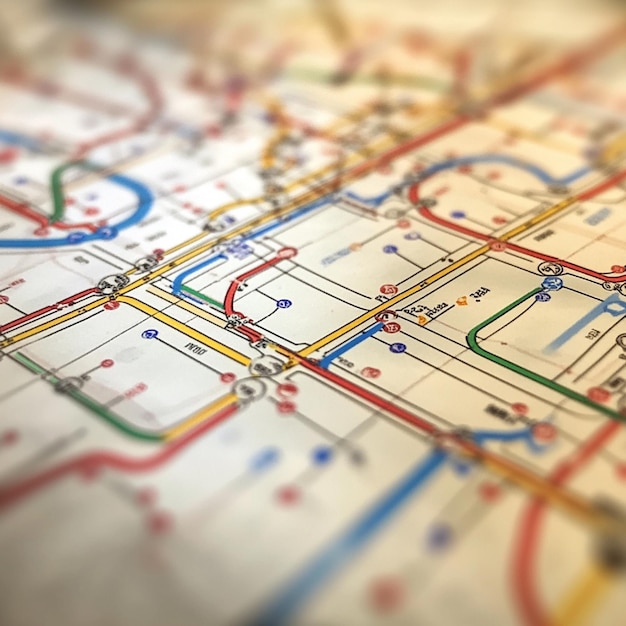 Photo a closeup of a public transportation map with routes stops and connections clearly marked