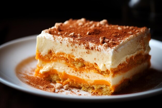 A closeup of pumpkin tiramisu with a focus on the texture