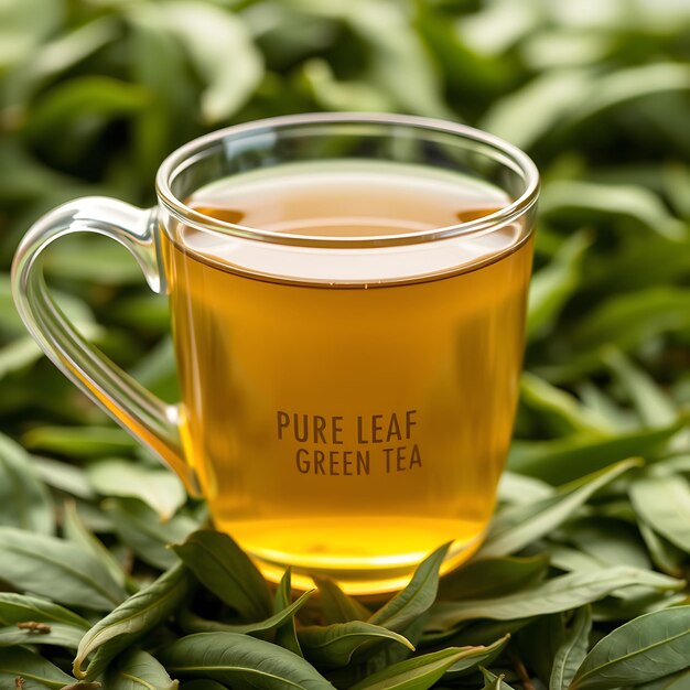 Photo closeup of pure leaf green tea cup with fresh tea leaves background