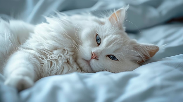 A CloseUp Of A Pure White Cat Lying Comfortably On A Gray Bed Sheet Under The Daylight