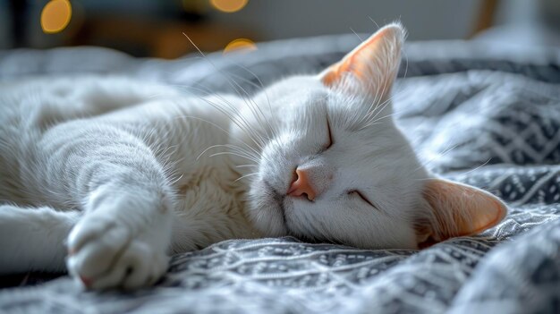 A CloseUp Of A Pure White Cat Lying Comfortably On A Gray Bed Sheet Under The Daylight