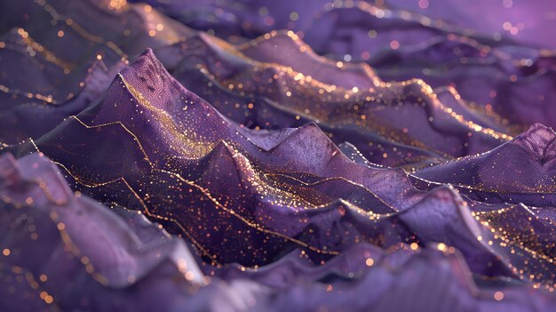 Closeup of a purple fabric with a sparkly glittery gold pattern