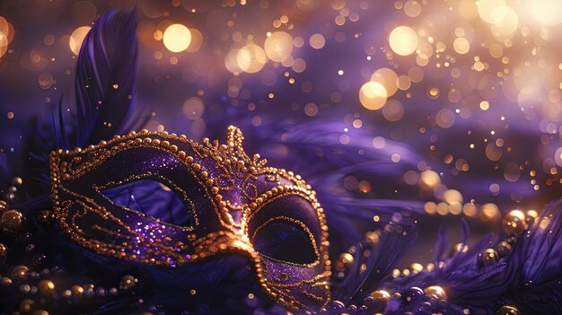 Photo closeup of a purple and gold masquerade mask with feathers and bokeh lights