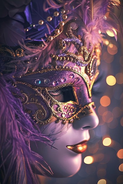 Closeup of a purple and gold masquerade mask with feathers and glitter against a background