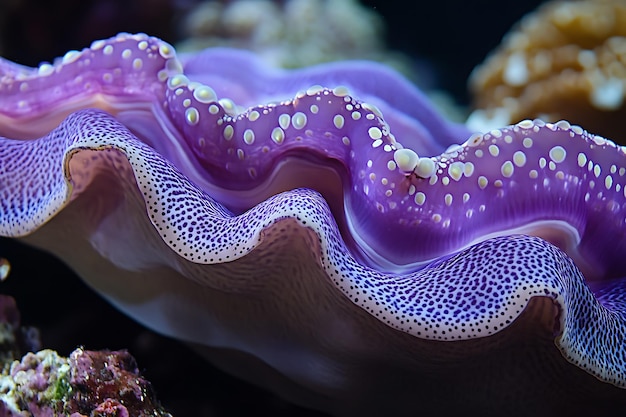 Closeup of a Purple and White Giant Clam Shell in the Ocean