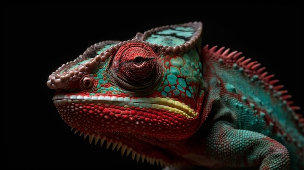 Closeup of a purplered chameleon looking at the camera from side angle on the black background