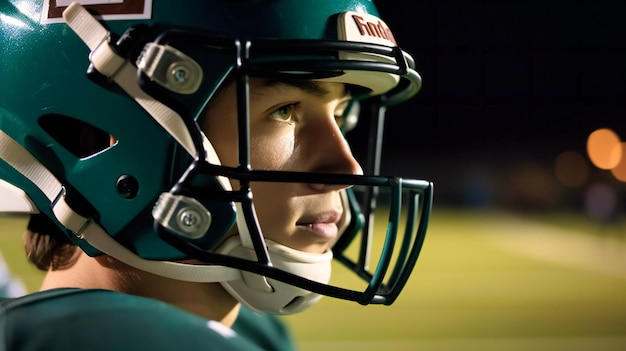 Closeup of a quarterback's focused face as he scans the field for an open receiver during the Super Bowl