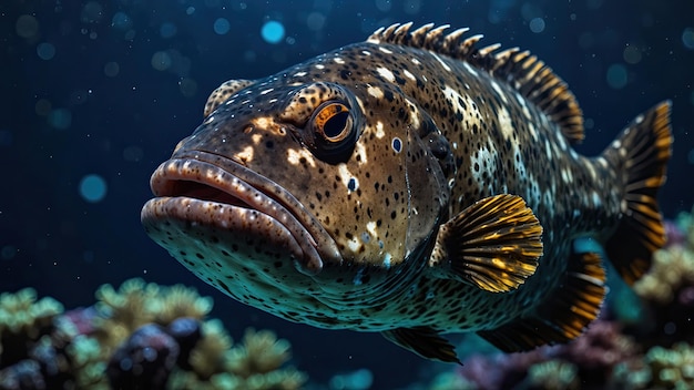 closeup of Queensland Grouper cinematic deep sea background