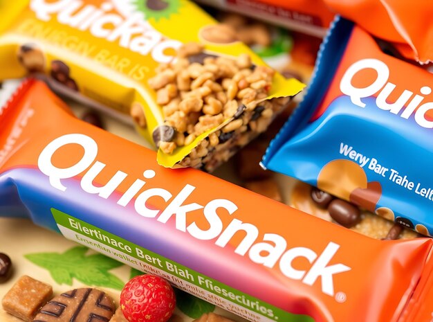 CloseUp of QuickSnack Energy Bars Featuring Ingredients and Vibrant Packaging