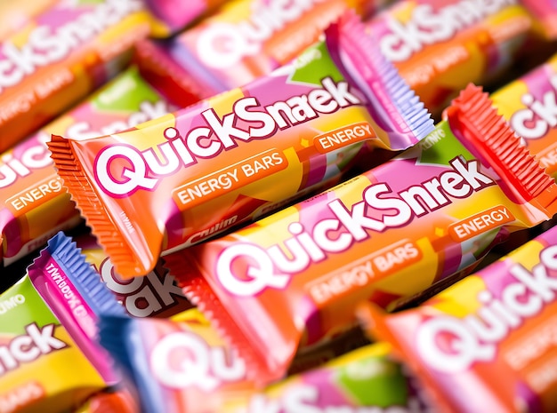 CloseUp of QuickSnack Energy Bars Featuring Vibrant Attractive Packaging