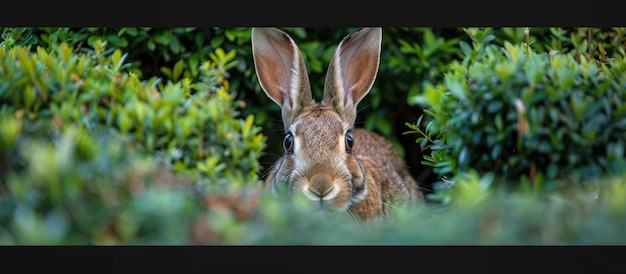 Photo closeup of a rabbit peeking from bush