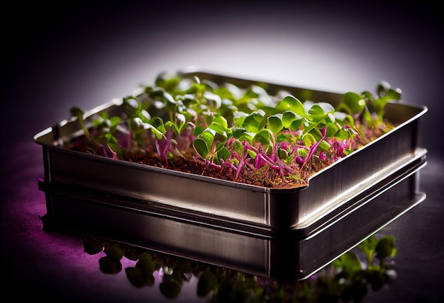 Closeup of radish microgreens growing in tray AI Generated