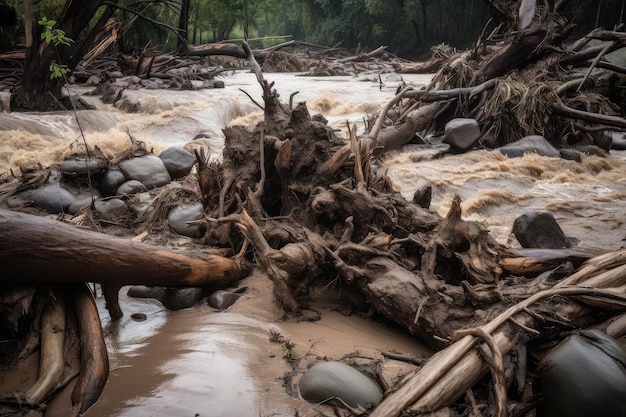 Closeup of raging flash flood with debris and logs floating past