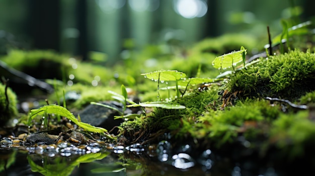 Closeup of rain drop on the moss in the morning