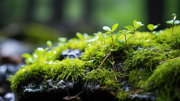 Closeup of rain drop on the moss in the morning