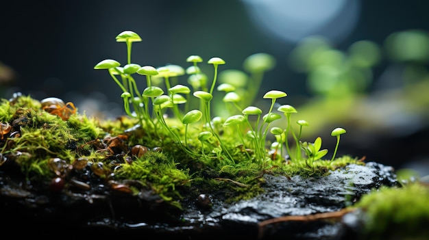 Closeup of rain drop on the moss in the morning