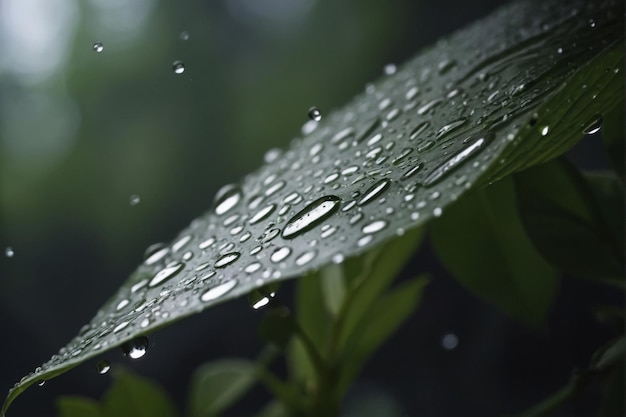 Photo closeup of rain droplets on green leaf with water mist in the air